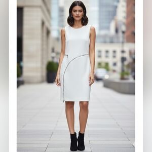 DKNY White Sleeveless Sheath Dress Size 6 Asymmetrical Zip Modern Minimalist